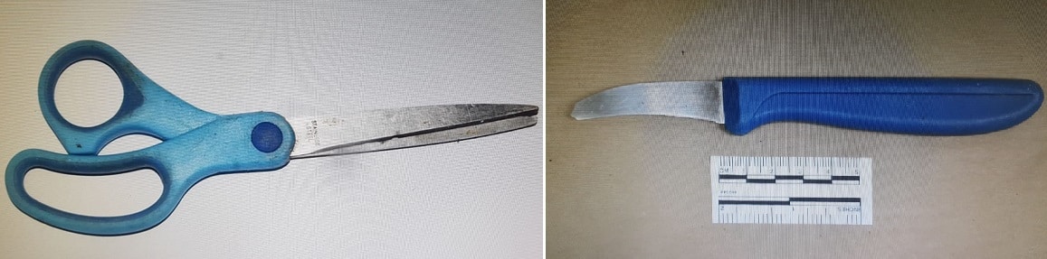 הסכין והמספריים שנתפסו אצל הנער הדוקר והנער שנדקר